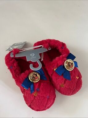Disney Red Plush Girls Slippers with Blue Bow and Gold Accent